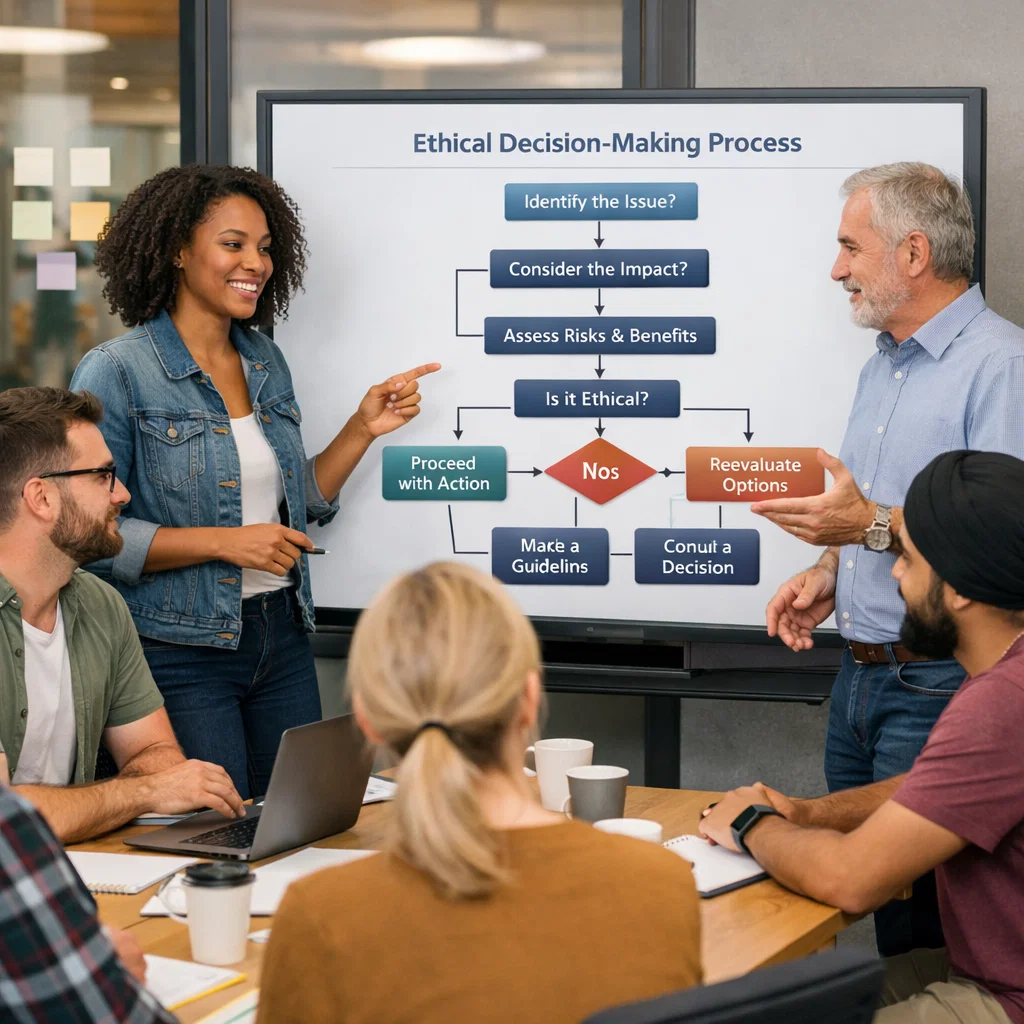 A diverse team of software developers and project managers collaborating on ethical decision-making in a software development project, with a digital flowchart on a screen.