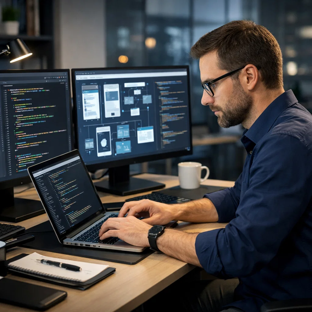 A computer scientist working on multiple monitors, illustrating professional tech work