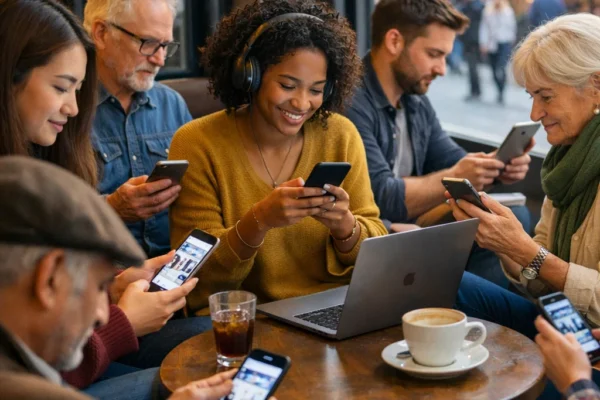 A diverse group of people from different backgrounds engaging with social media on smartphones, tablets, and laptops, representing global digital connection.
