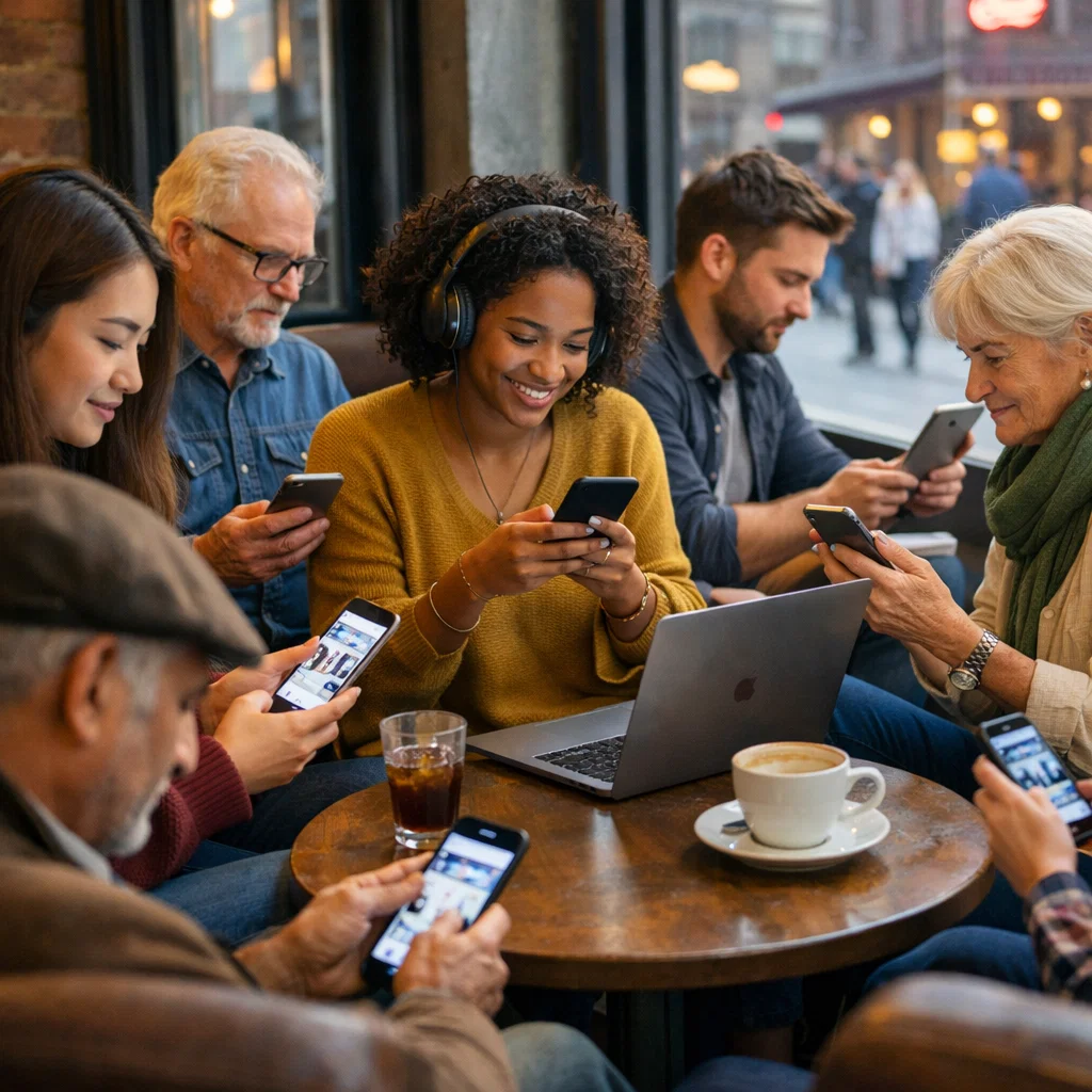 A diverse group of people from different backgrounds engaging with social media on smartphones, tablets, and laptops, representing global digital connection.
