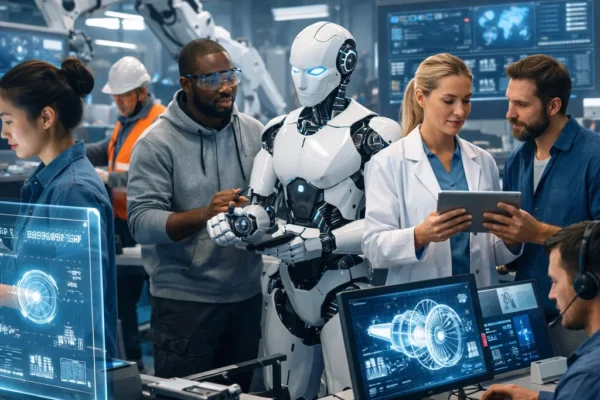 A modern workspace where human employees collaborate with robots and AI technologies, representing the future of work with automation and innovation.