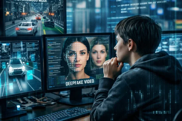 A computer scientist contemplating the ethical implications of emerging technologies like autonomous systems, deepfakes, and surveillance in a high-tech workspace.