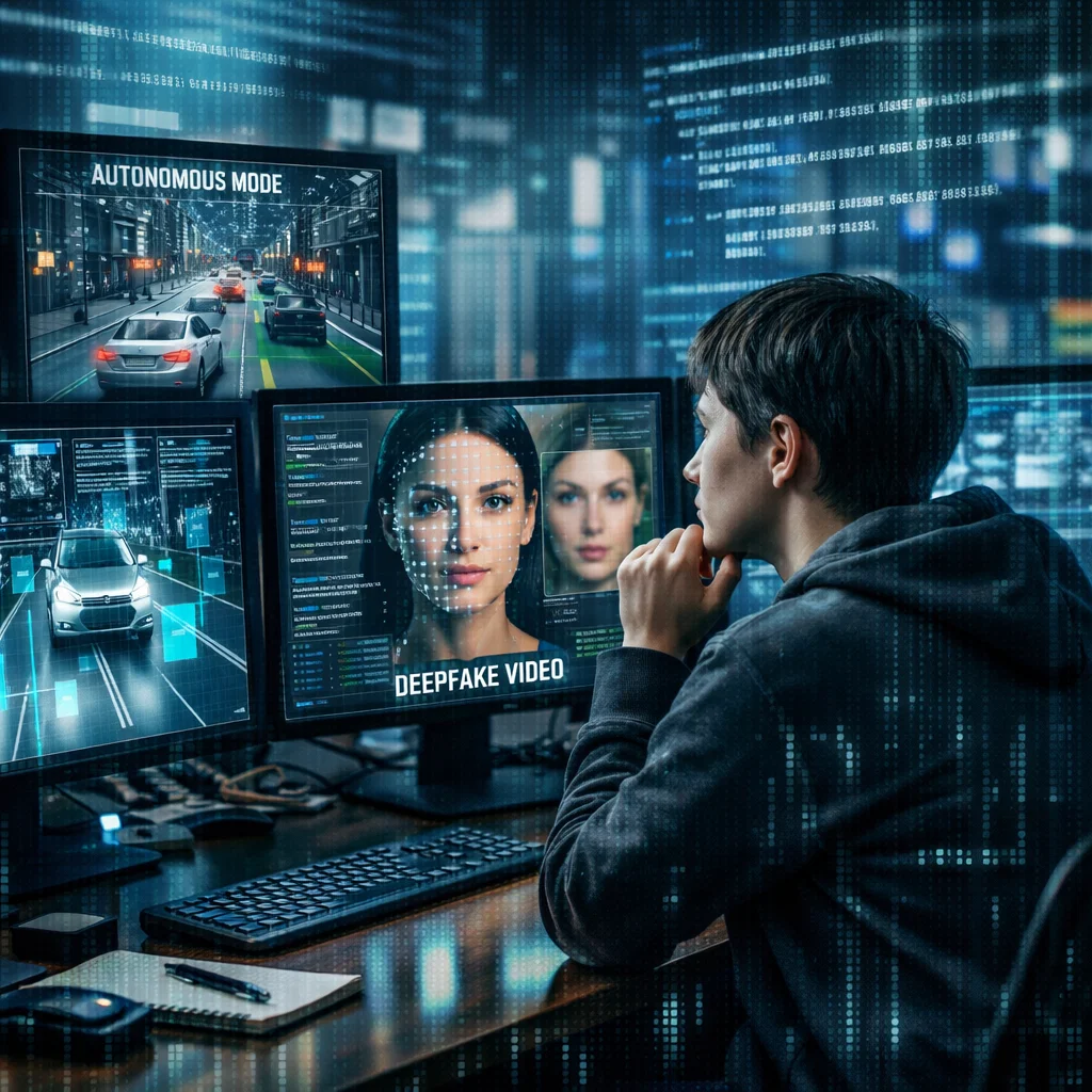 A computer scientist contemplating the ethical implications of emerging technologies like autonomous systems, deepfakes, and surveillance in a high-tech workspace.