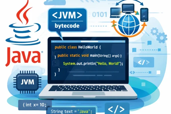 A visual representation of Java programming, featuring the Java logo, code snippets, and abstract symbols representing platform independence and the Java Virtual Machine.