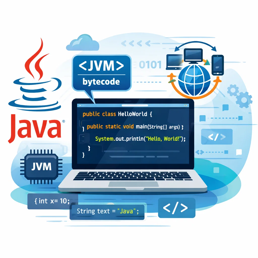 A visual representation of Java programming, featuring the Java logo, code snippets, and abstract symbols representing platform independence and the Java Virtual Machine.