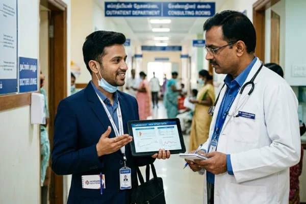 Medical salesman using tab and explaining to doctor