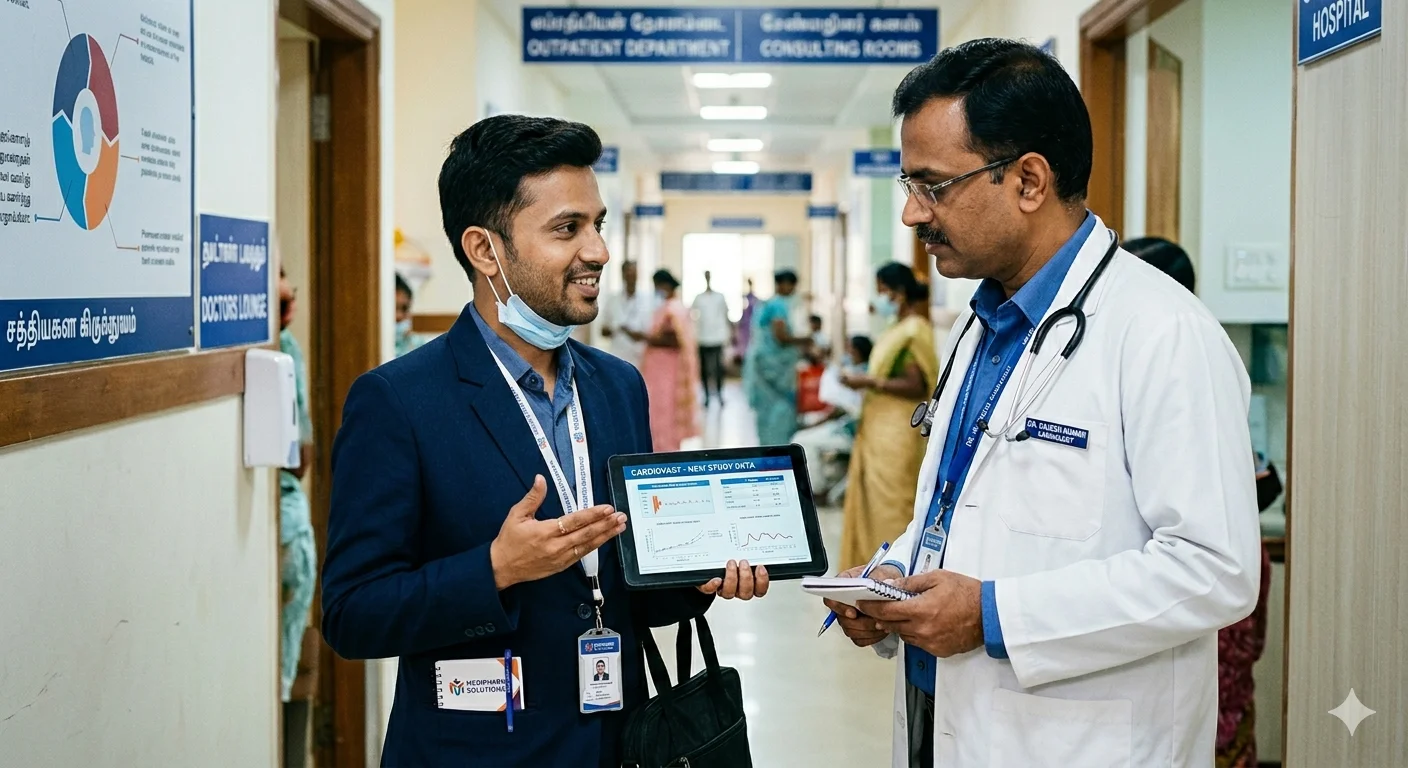 Medical salesman using tab and explaining to doctor