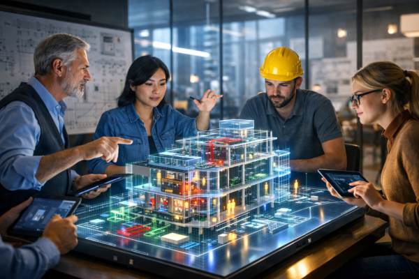 Multidisciplinary team collaborating on a holographic 3D geometric model in a modern engineering workspace with digital tools.