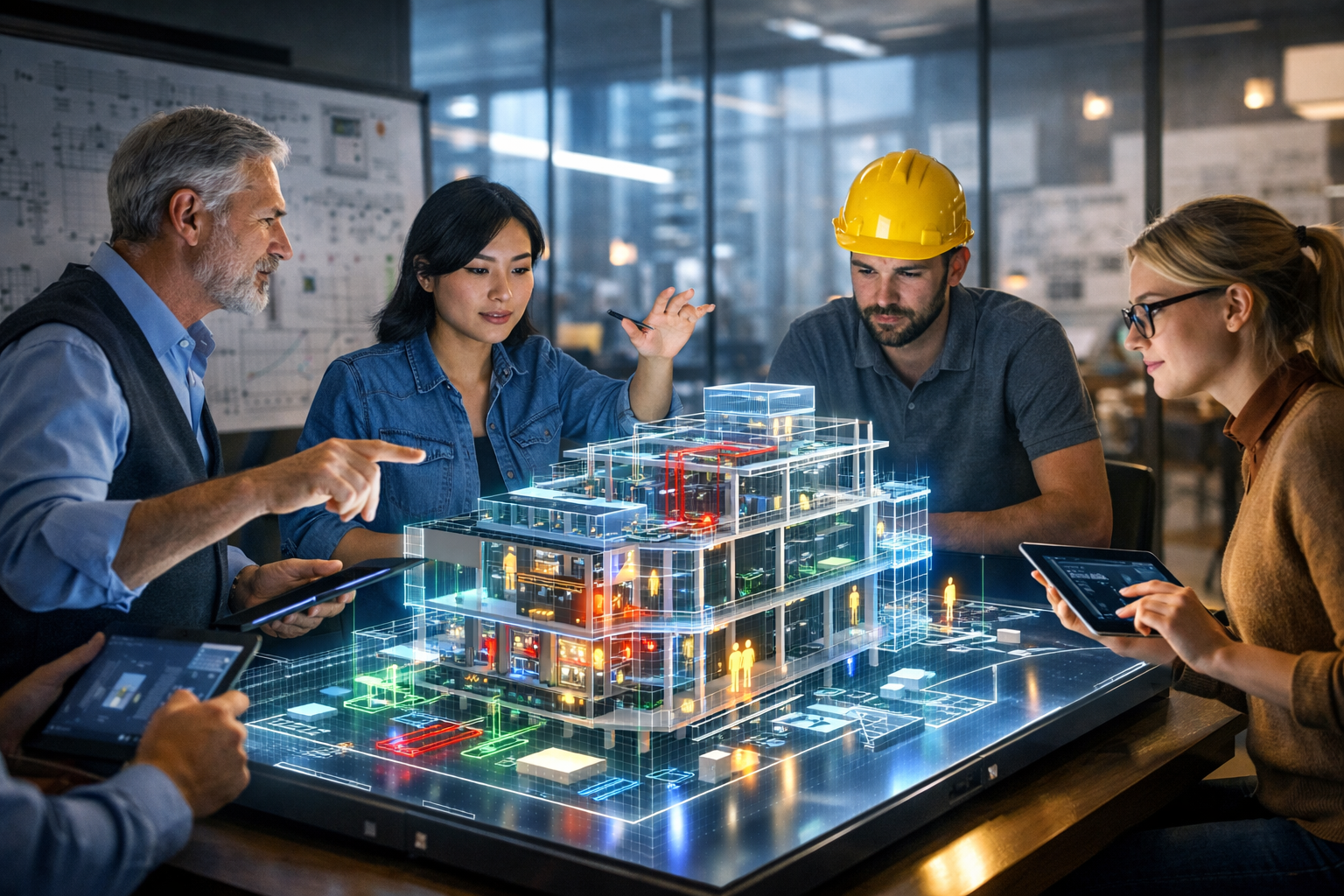 Multidisciplinary team collaborating on a holographic 3D geometric model in a modern engineering workspace with digital tools.