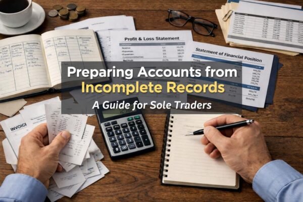 Preparing accounts from incomplete records using receipts, cash books, and financial documents.