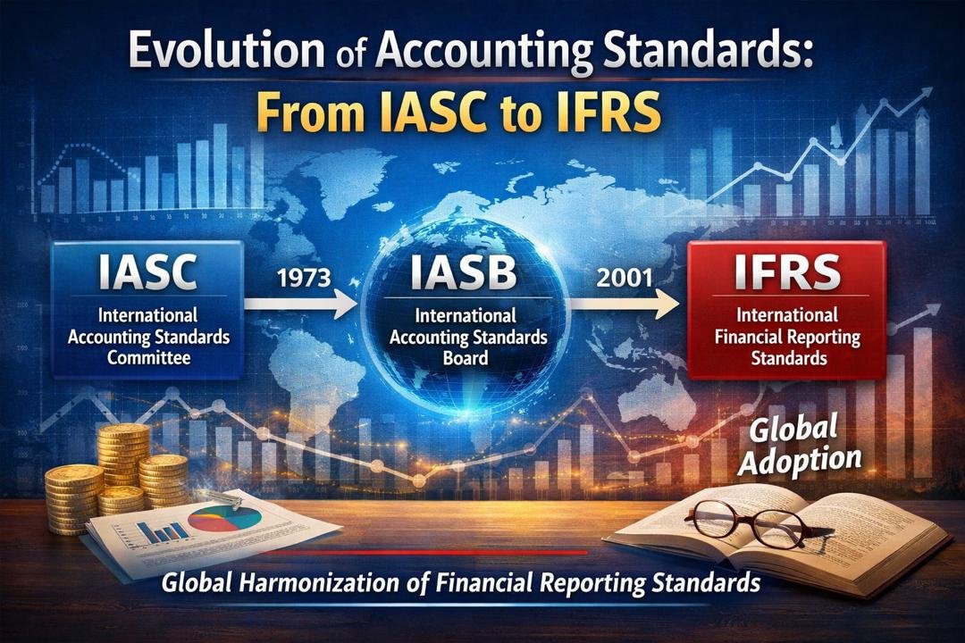 Evolution of Accounting Standards from IASC to IFRS showing global financial reporting framework
