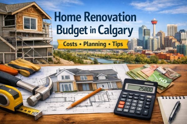 Home renovation budget in Calgary planning with house blueprint, tools, and calculator
