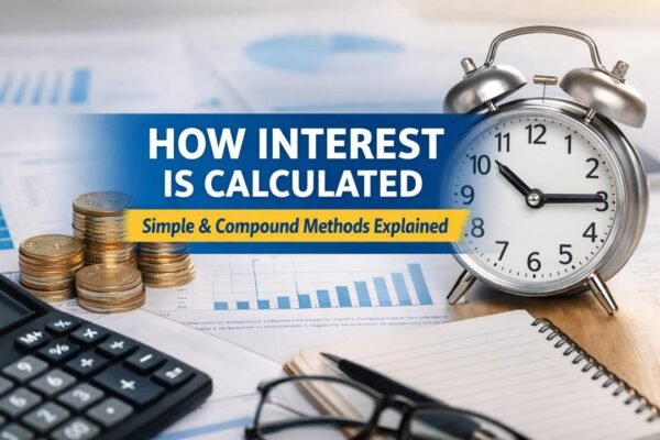 how interest is calculated with calculator coins and time concept