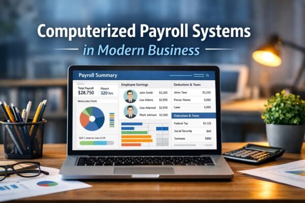 Computerized payroll systems in modern business dashboard on laptop