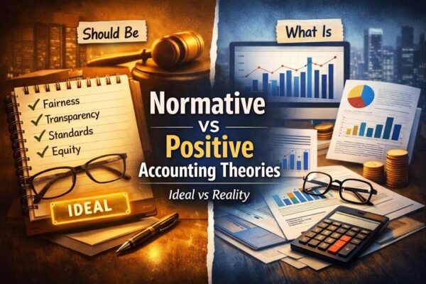 Normative vs Positive Accounting Theories showing ideal accounting standards and real-world practices