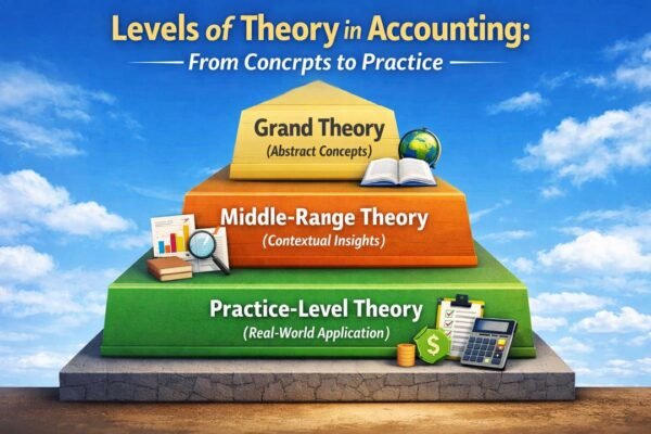 Levels of theory in accounting pyramid showing grand, middle-range, and practice-level theories from concept to practice