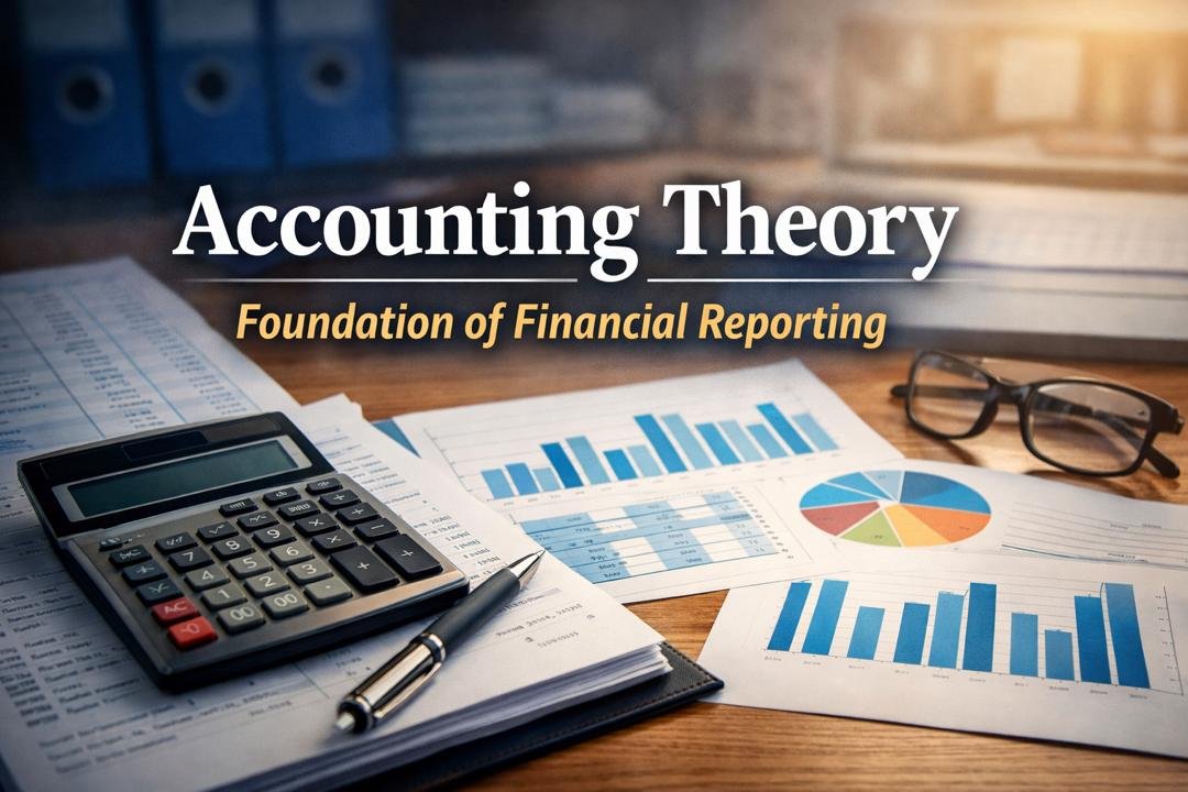 Accounting theory concept showing financial documents and reporting tools