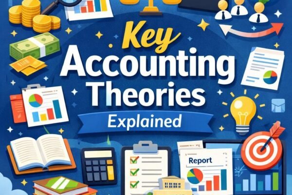 Key accounting theories explained with financial charts, corporate governance, and reporting concepts