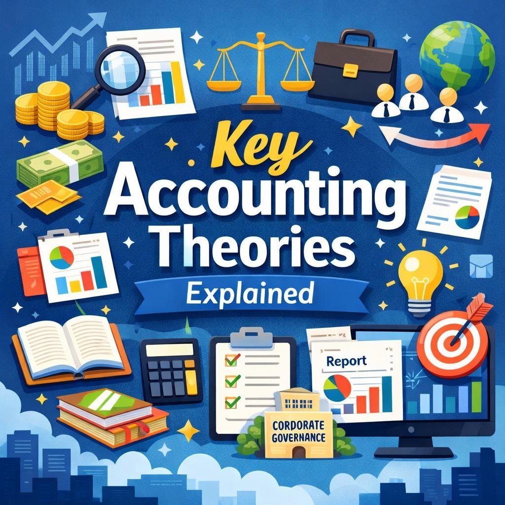 Key accounting theories explained with financial charts, corporate governance, and reporting concepts