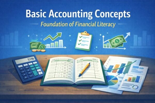 Basic accounting concepts illustration showing financial tools and reports