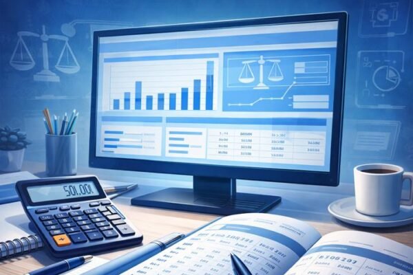 Mastering the Double-Entry System concept with accounting tools and ledger illustration