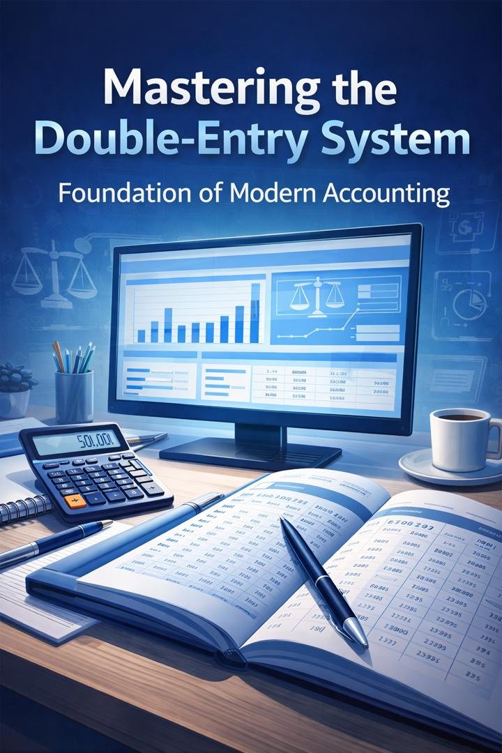 Mastering the Double-Entry System concept with accounting tools and ledger illustration