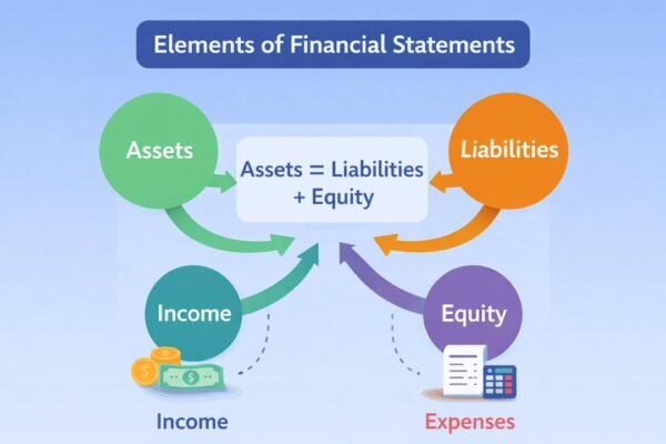 Elements of financial statements diagram showing assets, liabilities, equity, income and expenses