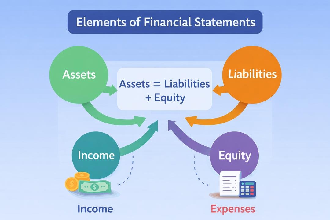 Elements of financial statements diagram showing assets, liabilities, equity, income and expenses