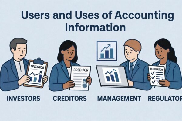 Users and uses of accounting information illustrated through investors, creditors, and managers analyzing financial reports.