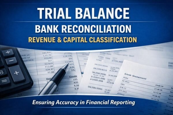 Trial Balance and Bank Reconciliation guide showing accounting ledger and financial documents