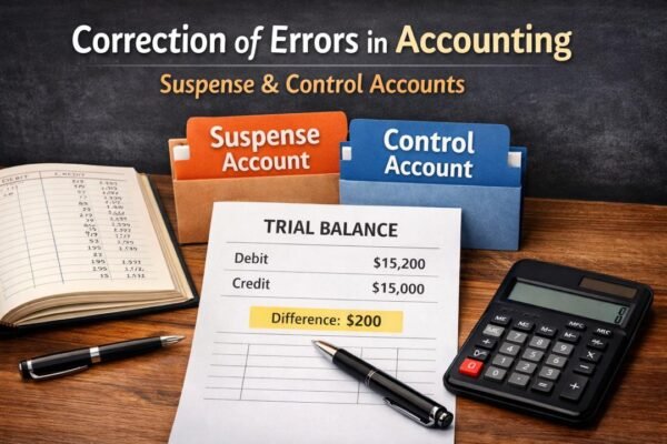 Correction of errors in accounting using suspense and control accounts