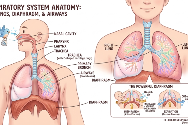 respiratory system anatomy illustrating lungs, diaphragm, and airways