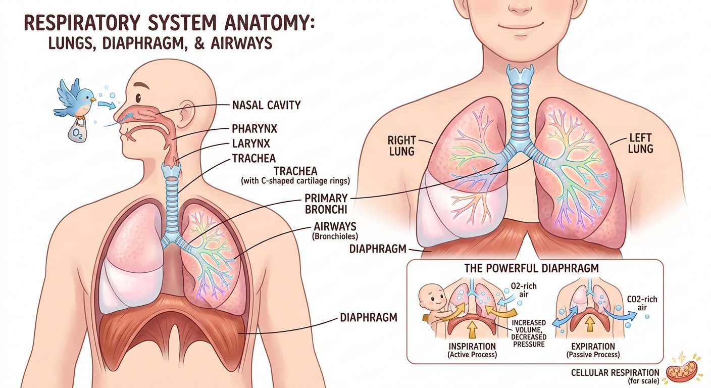 respiratory system anatomy illustrating lungs, diaphragm, and airways