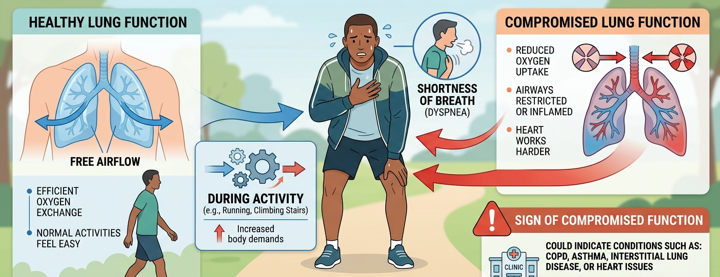 shortness of breath as the signs of compromised lung function in the course of activity