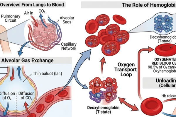 hemoglobin transporting oxygen after alveolar gas exchange in lungs
