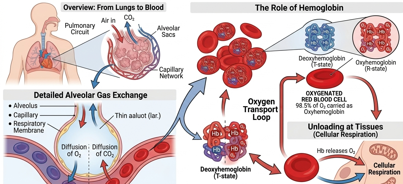 hemoglobin transporting oxygen after alveolar gas exchange in lungs