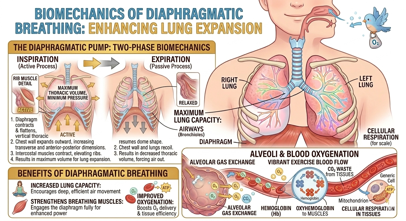 illustration of biomechanics of diaphragmatic breathing to enhance lung expansion