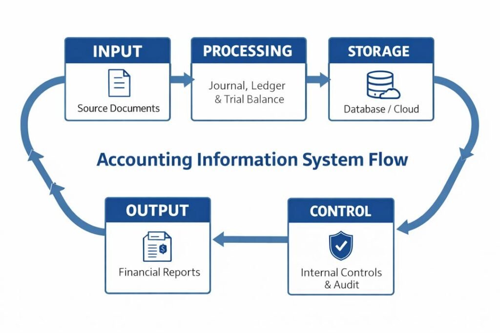 Diagram illustrating Accounting as an Information System showing input, processing, storage, and output flow