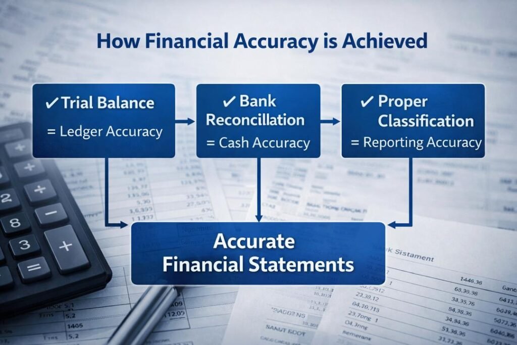 Diagram explaining Trial Balance and Bank Reconciliation process for financial accuracy