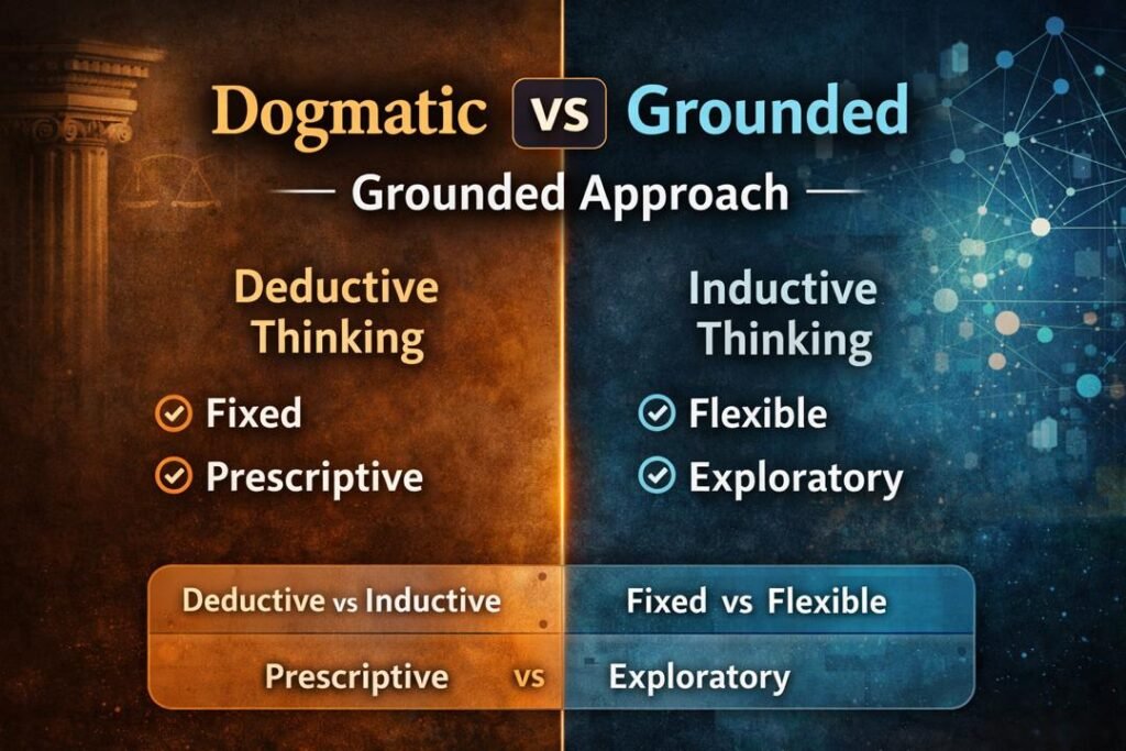 Comparison of dogmas and grounded theory in accounting research highlighting deductive and inductive methods