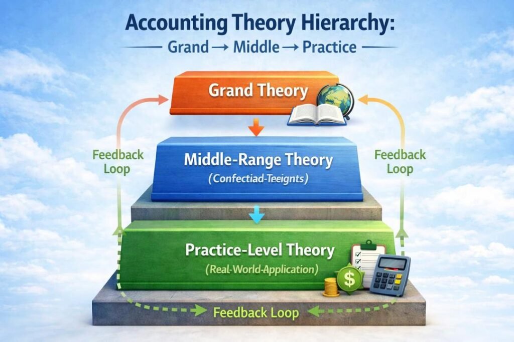 Levels of Theory in Accounting pyramid showing grand, middle-range, and practice-level theories
