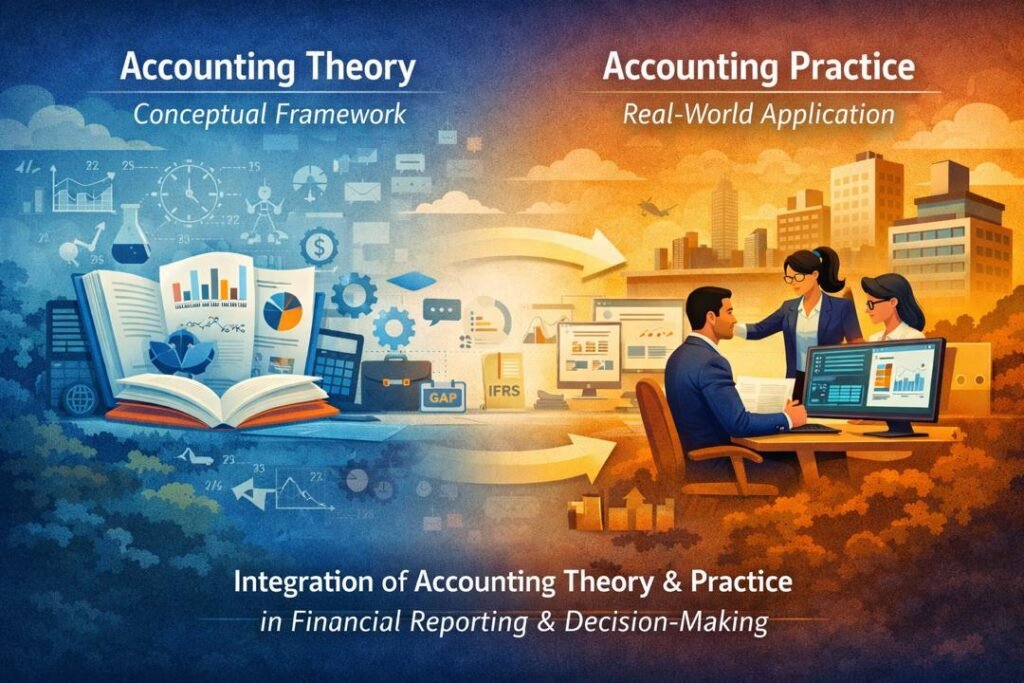Illustration of accounting theory and practice integration in financial reporting and decision-making