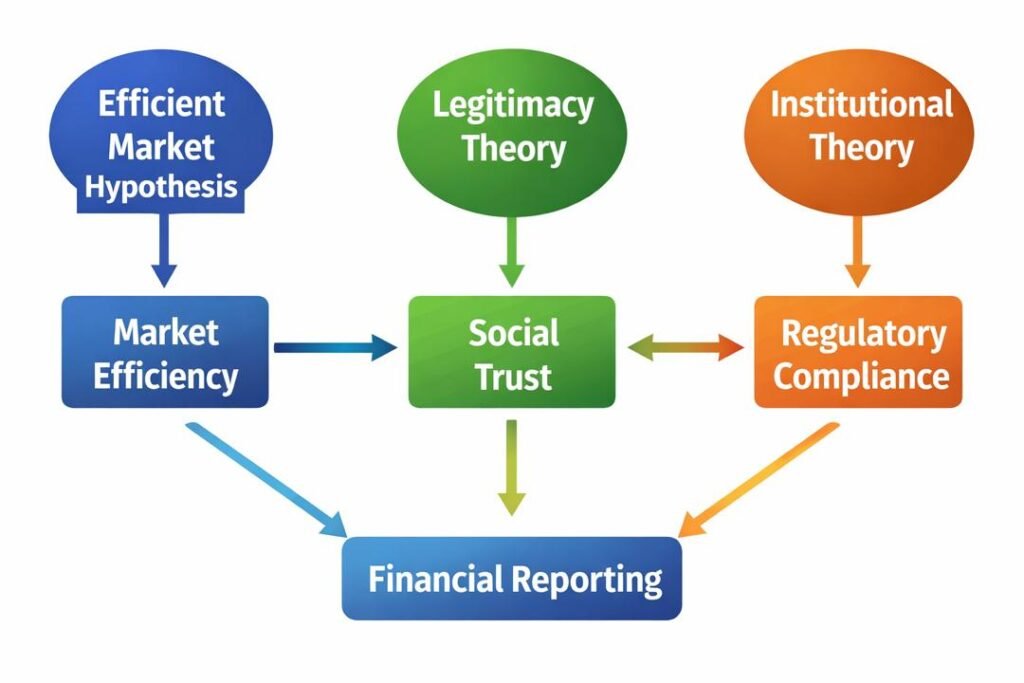 Diagram explaining accounting theories and market perspectives including EMH legitimacy and institutional theory