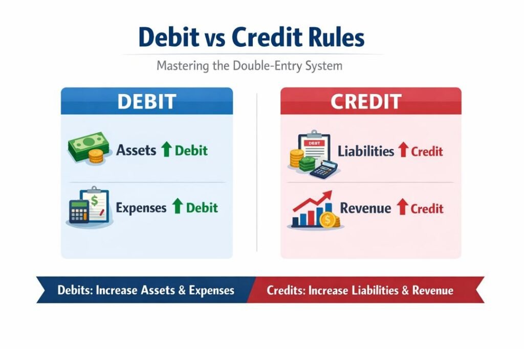 Mastering the Double-Entry System showing debit and credit rules infographic