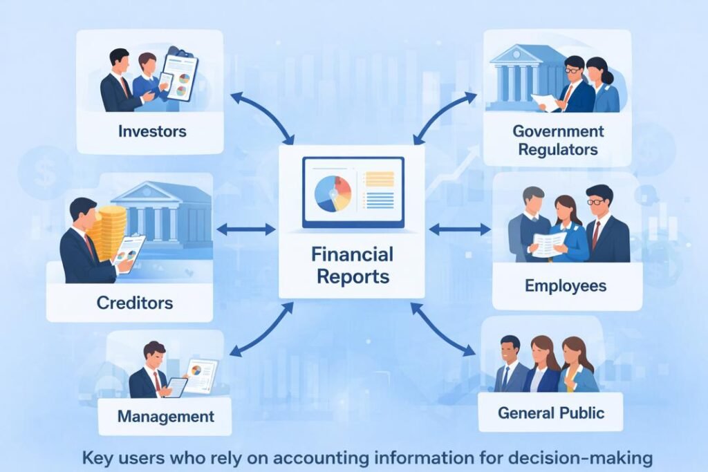 Diagram showing the users and uses of accounting information including investors, creditors, management, and regulators.