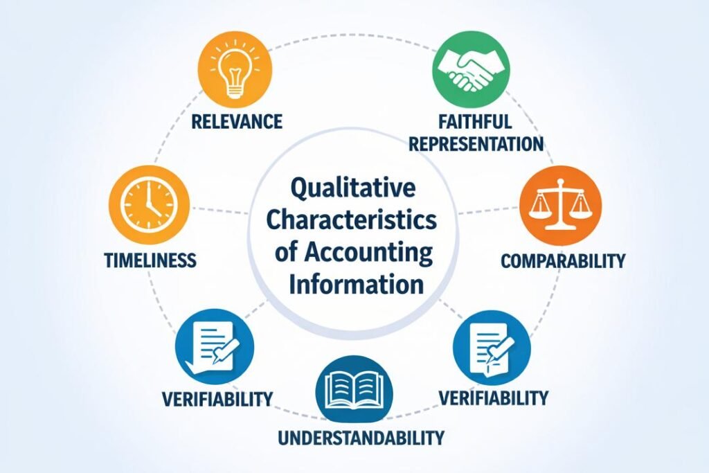 Infographic showing the qualitative characteristics of accounting information used in financial reporting.

