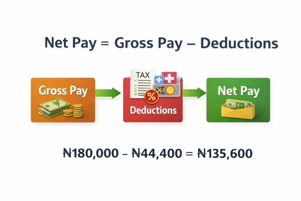 Payroll calculations formula showing how to calculate net pay from gross pay and deductions
