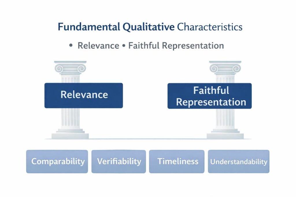 Qualitative characteristics within the Conceptual Framework for Financial Reporting showing relevance and faithful representation