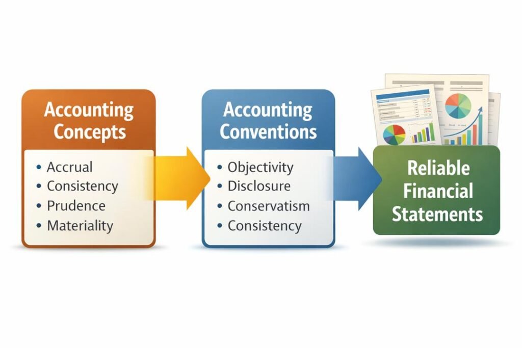 Diagram explaining Accounting Concepts and Conventions in financial reporting
