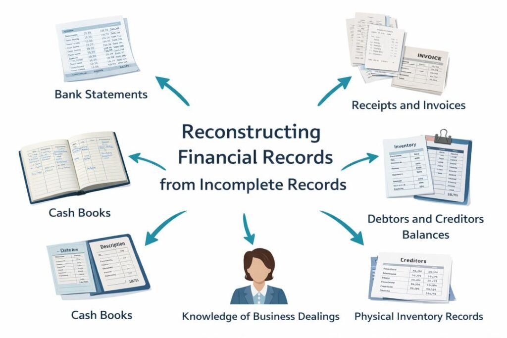Preparing accounts from incomplete records using sources like bank statements, receipts, cash books, and inventory records.